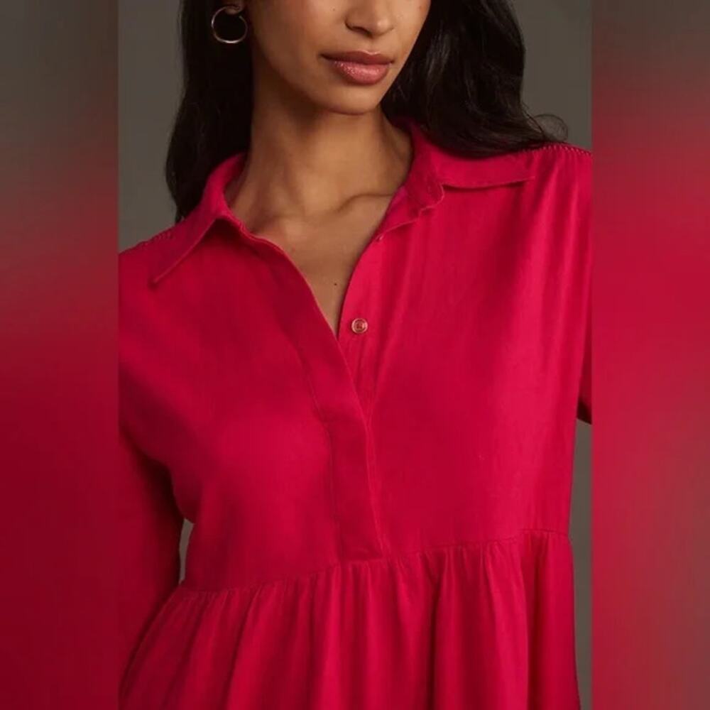 Anthropologie Maeve Bettina Tiered Mini Shirt Dress Linen Women's 1X Hot Pink - Picture 16 of 16